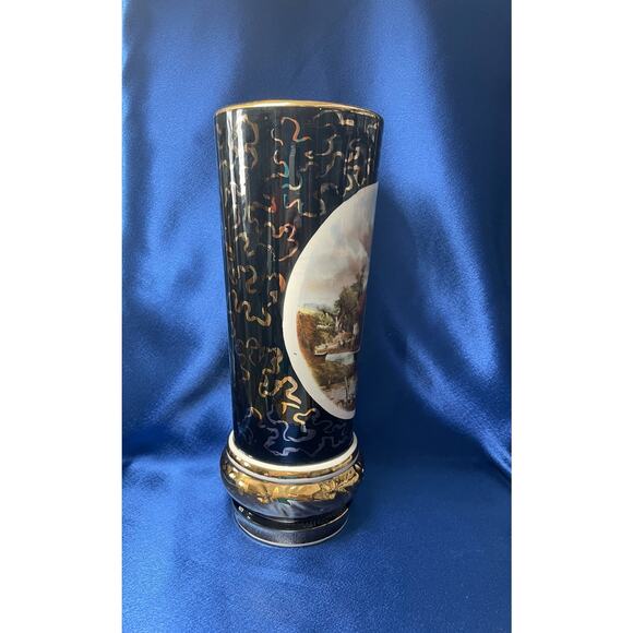 Unique Porcelain Black and Gold Vase with Country Picture - Picture 4 of 7